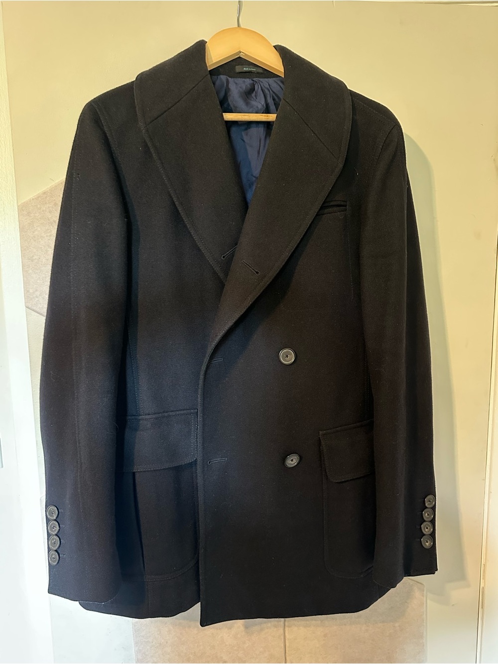 Faconnable Men's Double-Breasted Pea Coat in Black made in Italy